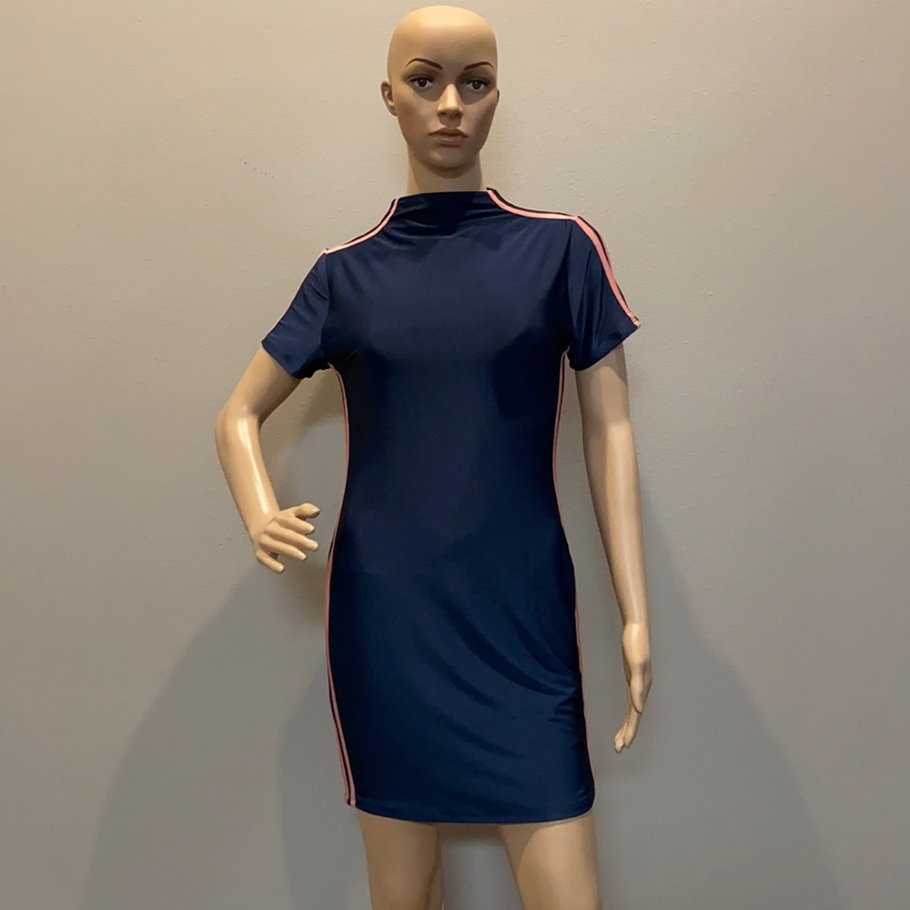 Navy blue with double pink stripe bodycon dress
